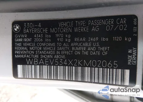 2002 BMW 330I из США, поврежденный, VIN WBAEV534X2KM02065